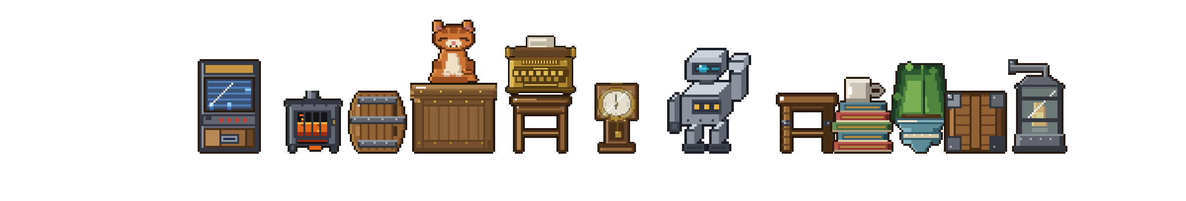 A workshop of pixel art furniture, all drawn by Bitwright, with a cat sitting on a crate and Wren waving in the middle of it